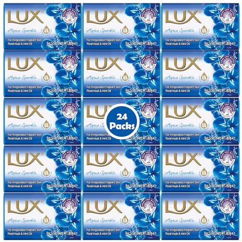 LUX Aqua Sparkle Soap Bar 80g Pack of 24 – Refreshing Fragrance with Floral Notes – Gentle on Skin – Long Lasting Luxury Bath Soap for Daily Use – Bulk Buy Family Pack