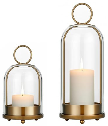 5&4 Hurricane Glass Candle Holders, Hanging Brass Metal Candle Holder | Glass Candlestick Holders for Pillar Candles Table Coffee Table Decor Entry Way Interior Decoration