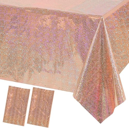 MORAINJAY 2Pcs Rose Gold Iridescent Party Tablecloths,137x274cm Shiny Table Cloths,Holographic Foil,Glitter Diamond Plastic Rectangle Table Cover for Wedding,Garden,Birthday Party Decorations