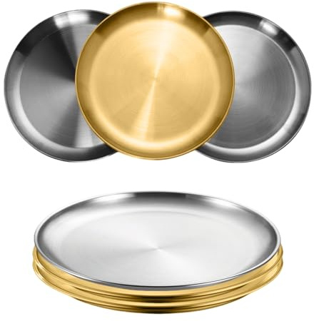 6 Stück Gold+Silber Speiseplatte Φ 20cm BPA Frei Edelstahl Rundes Tablett Serviertablett Edelstahlteller Dekoteller Servierteller Platzteller Barbecue Dish für Küche Camping Weihnachten Restaurant