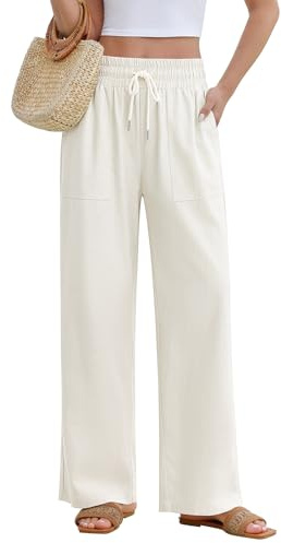 PASUDA Pantalon Femme Fluide Été Pantalons Lin Taille Haute Elastique Pantacourt Léger Ample Jogging Décontractée Large avec Cordon de Serrage Longueur Pants Chic et Elegant avec Poches