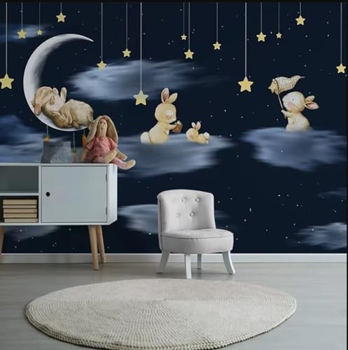 Benutzerdefinierte 3D Fototapete Tapete Gestaltete Wandtapete Mit Cartoon-Hasen,Mond,Sternen Und Nachthimmel Für Kinderzimmer,Jungenzimmer,Dekoration Für Kinder-150X105Cm