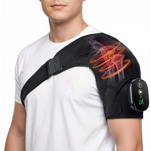 Cordless Shoulder Heating Pad, Shoulder Heating Brace with Adjustable 3 Level Heat and Vibration, Touch Screen and 5000mAh Battery, Shoulder Wrap with Massage, Fits Left or Right Shoulder of Men Women