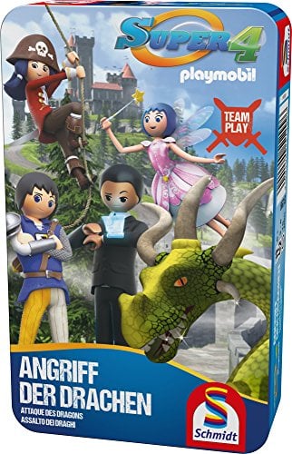 Schmidt Spiele 51299 Super 4, Angriff der Drachen, Bring mich mit Spiel in Metalldose