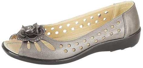 Boulevard Womens Wide Fit Leather Lined Open Peep Toe Flower Summer Shoes Pewter 5