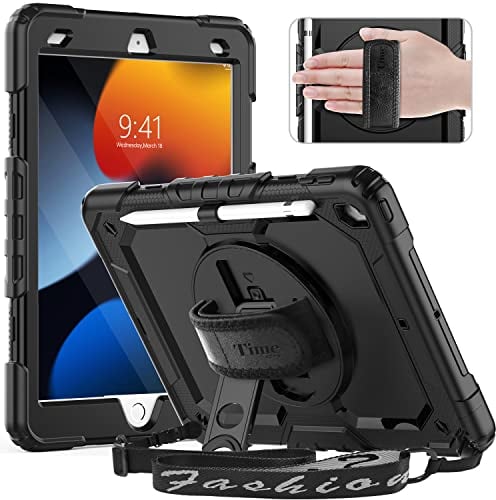 tmecity Hülle Für Pad 9./8./7. Generation,iPad 10.2 Zoll Stoßfest Robuste mit Displayschutz 360°-drehbarer-Ständer Handschlaufe Schultergurt Stifthalter für iPad 9 Generation- Schwarz