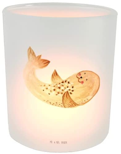 Mr. & Mrs. Panda Windlicht aus Glas Robbe Liegen - Geschenk, Teelichtgläser, Kerzenglas, Gute Laune, Robben, Seehund, Teelichthalter, Windlicht Glas,