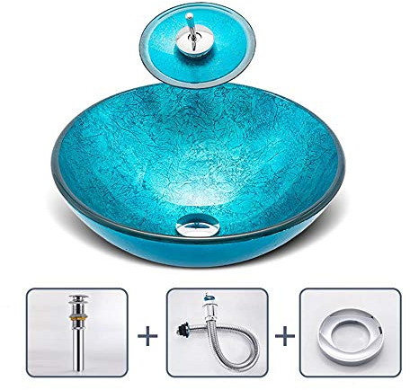 HomeLava Modern Gehärtetes Glas Aufsatzwaschbecken Handwaschbecken Gäste WC Waschbecken Set Waschtisch mit Wasserfall Wasserhahn Rund Blau