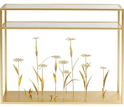 Kare Design Konsolentisch Flower Meadow, Gold, Schmale Konsole mit 2 Ablagen, Bleistelltisch, Flurtisch, Blumendekoration, Glas, Stahl, 85x110x25 cm (H/B/T)