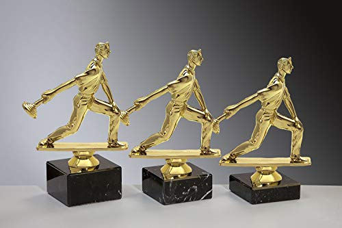 Henecka ❄️Stock Herren Pokal, Eisstock-Trophäe, Eisstock-Schraubfigur, Spieler mit Eisstock Gold, Marmorsockel schwarz, mit Wunschgravur, wählbar in 3 Größen oder als 3er-Serie (Sockel 65 x 30 mm)