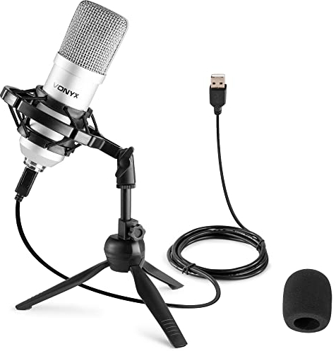 Vonyx CM300S Micrófono de Condensador para Estudio USB, con Soporte de Mesa Plegable, Soporte antigolpes, Anti-Pop - Podcast, Juegos, Streaming, Vlogs, PS4 - Color Plateado