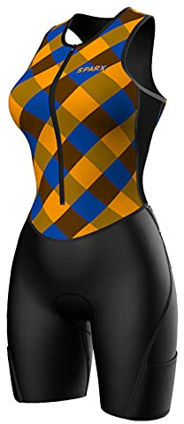 Sparx Women Triathlon Suit Tri Short Racing Cycling Swim Run (Small, Golden Check)