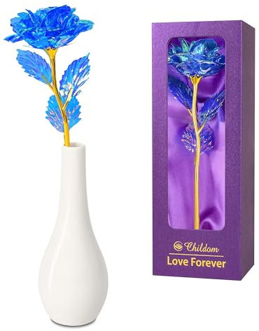 Childom Birthday Gifts for Women,Christmas Rose Gifts For Women Her Mum,Blue Rose Flower With Vase,Valentines Present,Purple Flowers for Grandma Wife Girl Anniversary Christmas Wedding Engagement