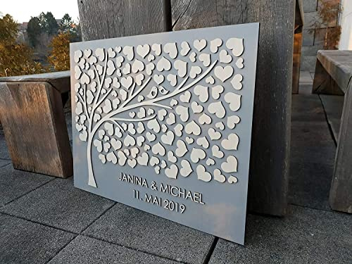 Manschin-Laserdesign Personalisiertes 3D Gästebuch aus echtem Holz - Baum - Gästebuch Alternative - (Hintergrundfarbe Grau, 100 Herzen 75x60cm)