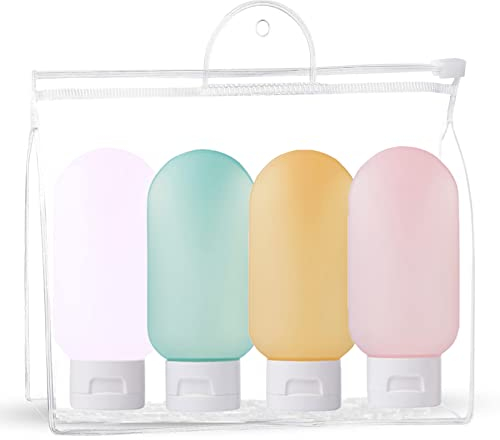 Botellas de Viaje, Rellenables Recipientes de Viaje Contenedores de Viaje, Recipiente Vacío a Prueba de Fugas y Recargable de 4 Piezas con Bolsa de Transporte Pequeñas Botellas de Plástico Vacías