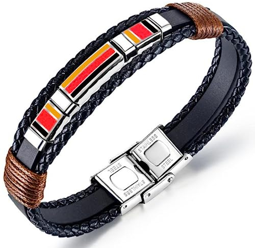 ESTUYOYA - Leder- und Edelstahlarmband Feines Design der dreifachen Flagge Deutschlands mit Anti-verlorener Sicherheitsschließe Verstellbare Größe Unisex Amulett