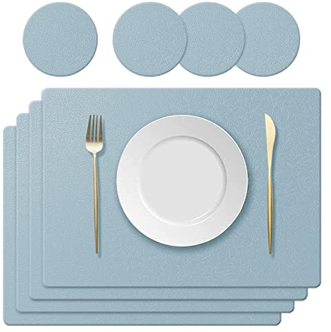 KERYCHIN 4 Silicone Placemats + 4 Non-Slip Table Coasters with Leaf Pattern Set, Heat Resistant 230 °C, Waterproof Place Mat for Kitchen, Home, Restaurant, Dining Table, 40 x 30 cm, Light Blue