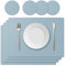 KERYCHIN 4 Sets de Table en Silicone + 4 Sous Verre Rond Lavable Kit, Résistant à la Chaleur 220°C, Antidérapant et Étanche, Accessoires decoration pour Restaurant, Cuisine, Hôtel, 40x30cm, Bleu Clair