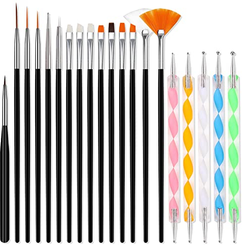 Qufiiry 20 Stück Nagel Pinsel Set, Enthalten 15 Bürste + 5 Dotting Pen Nail Art Pinsel, Nail Art Pinsel, Acryl Pinsel für Nägel für gelnägel UV-Gel Nageldesign Nail Art
