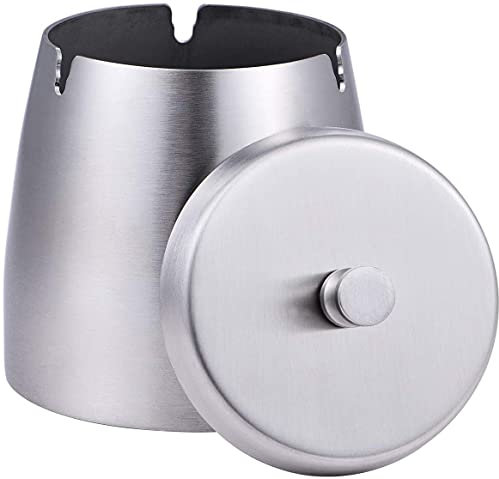 Aschenbecher für Draussen,Aschenbecher mit deckel,Winddichter Aschenbecher aus Edelstahl für das Home Office, den Desktop, die Terrasse, den Balkon im Freien.(Silber, Klein-8x6x8)