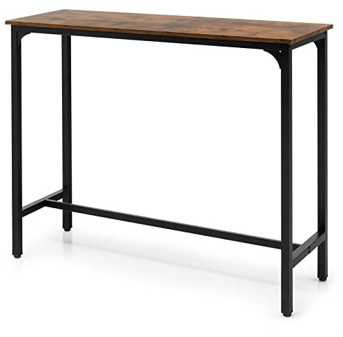 TANGZON Bar Table, Steel Frame Kitchen Table with Adjustable Foot Pads, Industrial Narrow Rectangular Dining Table for Living Dining Room Pub Restaurant, 120 x 40 x 101cm, Easy Assembly (Rustic Brown)
