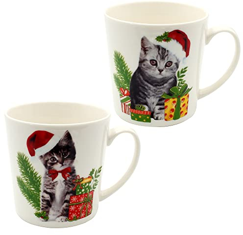 Dekohelden24 Porzellan Weihnachts-Tassen/Jumbo - Becher - Weihnachtskatzen - als 2er Set, Größe H/Ø ca. 10 x 9,5 cm, Fassungsvermögen ca. 480 ml, spülmaschinenfest