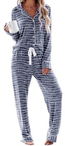 Aamikast Pyjama-Set für Damen, langärmeliges Oberteil mit Knöpfen, Nachtwäsche, Schlafanzug, weicher Hausanzug, Streifen blau, M