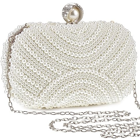Xuhal Damen-Clutch mit Perlen, Abendtasche, Handtasche, künstliche Perlen, Braut-Geldbörse mit Kette, für Hochzeit, 1920er-Jahre-Party, silber