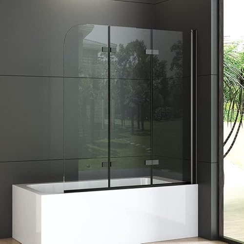 Duschwand für Badewanne 120x140cm 3-teilig Schwarz Duschabtrennung Faltbar, Glas Badewannenaufsatz 120cm Duschtrennwand, Badewannenwand mit 6mm ESG NANO Sicherheitsglas