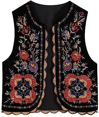 Women Boho Vintage Vest Floral Embroidered Tank Top Crochet Knit Sleeveless Cardigan Open Front Waistcoat Outerwear