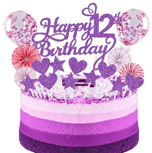 SNOWZAN Happy 12th Birthday Tortendeko Purpur Rosa 12 Jahre Mädchen Jungen Kuchendeko 12.geburtstag Cake Topper Tortendeko 12 Geburtstag Mädchen Tortendeko Stern Herz Für 12. Geburtstag Kuchen Deko