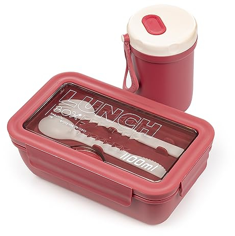DAM Fiambrera hermética para Guardar Alimentos, de 1100ml. Incluye Vaso térmico y Cubiertos. Apto para microondas. 20,3x12,3x7,3 Cm. Color: Rosa Oscuro