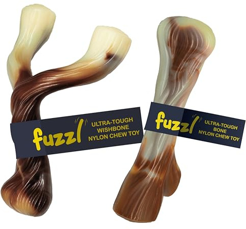 Fuzzl Ultra Tough Nylon Dog Chew Toy - Wishbone & Bone, Beef Scented, Heavy Duty, Water Resistant, Large Breed, 2 Count