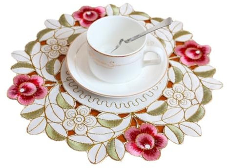 Whakano 4 Stück Retro Spitze Tischsets,Boho Dekor Makramee Untersetzer,Bestickt Blume Runde Deckchen Untersetzer Vase Matte,zum Küche Wohnzimmer Dekoratio,für Hotels,Büros,Cafés,Restaurants,25cm,Grün