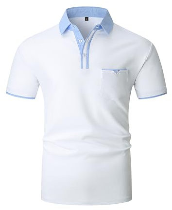 KUNJLELP Herren Poloshirt Kurzarm,100% Baumwolle,Sommer Slim Fit Sports Golf Polohemd Blau Patchwork Kragen T-Shirt M-3XL,Weiß,XXL