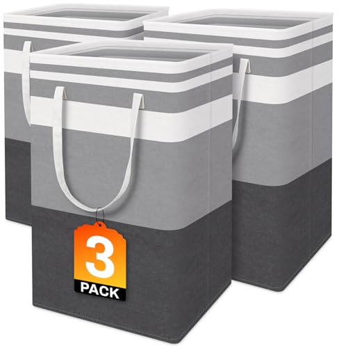 BlissTotes 3-Pack Laundry Basket, Freestanding&Waterproof Laundry Hamper, Collapsible Tall Clothes Hamper with Easy Carry Handles for Clothes, Towels in the Family and Dorm,Gradient Grey,75L