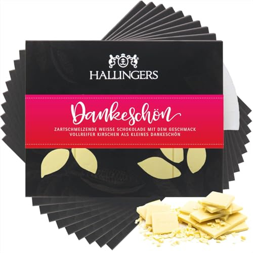 Hallingers Genuss Manufaktur Weiße Schokolade Dankeschön-Geschenk - Tafel handgeschöpfter Edelkakao ohne Alkohol edler Karton 10x Dankeschön Kirsche, Geschenkidee für Frauen Männer