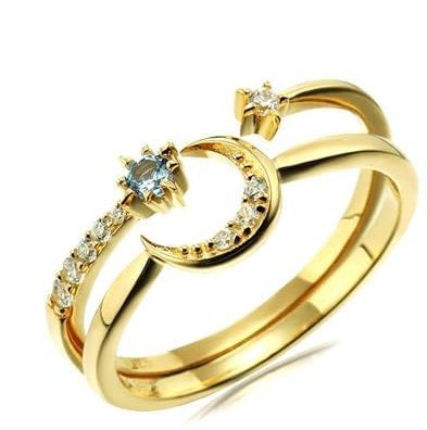 Skcess 18 Karat Gold Engagement Ring Blau Topas Runden, Ring Damen Sternmond mit Diamant Ring Damen Größe 63 (20.1)
