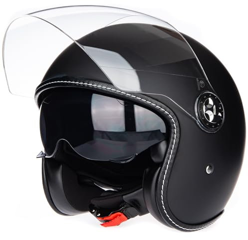 Halbhelme Gesicht Motorrad Helm ECE 22.06 genehmigt halbe Casco Fit Männer Frauen ATV Moped Roller (Matt Schwarz, L)