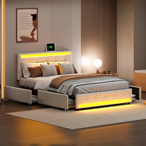 Algado Cama Tapizada 140 x 200 cm Con 4 Cajones y 2 Estaciones de Carga USB, Marco LED Acolchado, Cabecero Ajustable, Somier de Láminas, Almacenamiento, Superficie de Lino