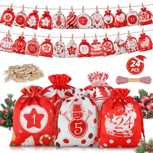 WenmthG Adventskalender zum Befüllen - 24 Weihnachtskalender Zum Befüllen mit Holzklammern, Schnur - Adventskalender zum Befüllen Stoff, Adventskalender Säckchen, Adventskalender 2024 Kinder