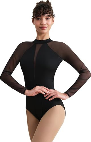 DANSHOW Balletttrikot für Damen Schwarzer Langarm-Ballettbody Turnanzug für Gymnastik(23868-06-M)