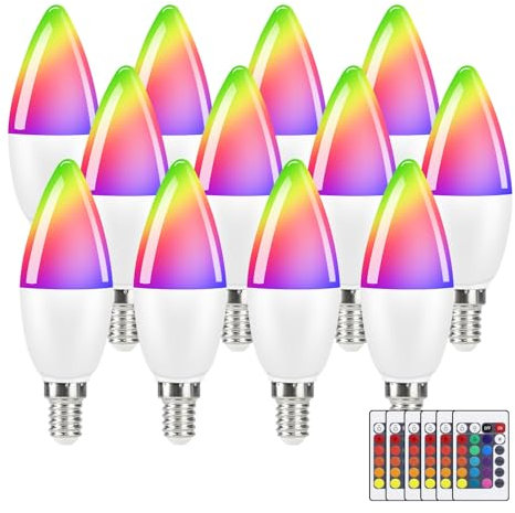 Kowanie E14 LED Warmweiss Glühbirne RGB - 12 Stück RGB Farbwechsel Kerzen Lampe 4W Leuchtmittel Dimmbar mit Fernbedienung 3000K Farbige Edison Birne Glühlampe Deko für Cafe Bar KTV