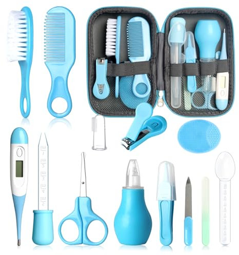 Ensemble de soins de sécurité pour bébé avec brosse à cheveux, peigne et coupe-ongles, kit essentiel pour nouveau-né filles garçons (bleu)