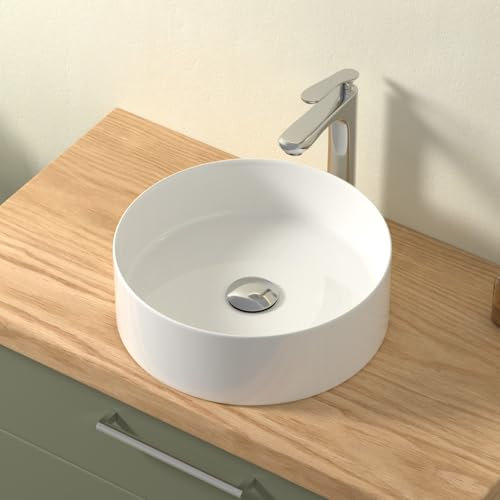 CASAMO Lavabo rotondo da appoggio, piccolo, con design elegante e facile da pulire, per bagno e WC degli ospiti (bianco lucido, 39,5 x 39,5 x 13 cm)