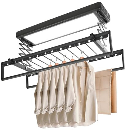 800W Kompakter Elektrischer Wäscheständer Deckenmontage PTC-Keramik-Heizungen Deckenwäschetrockner LED-Beleuchtung Decken Wäscheständer 35KG Tragfähigkeit Fernbedienung 122-210x52x120cm (Grau)