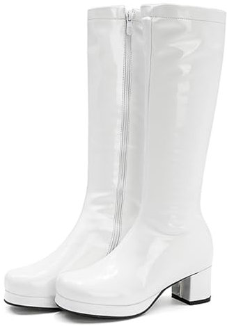 Stivali Moda da Donna 5CM/1.96IN Stivali Alti con Cerniera Laterale Tacco Spesso Bianco Piattaforma Impermeabile Stivali da Donna con Tacco Medio