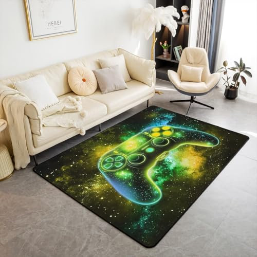 Gamepad Area Rug 100x150 Kids Game Consoles Rug Boys Geometric Gamer Space Glow Non Slip Washable Decorative Rug Green Universe Galaxy Gaming Carpet