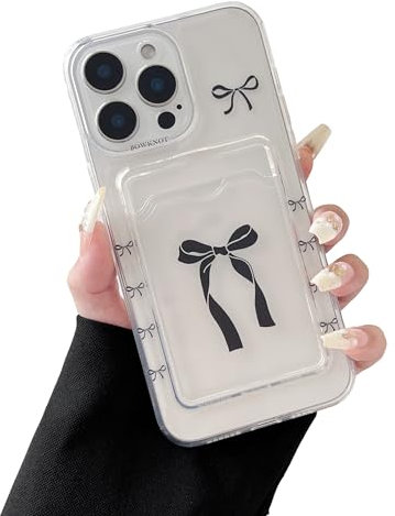 DEFBSC Case for iPhone 12 Pro Max, Transparent Back Card Holder Cute Bowknot Pattern Raised Camera Protection Slim Soft TPU Shockproof Clear Back Card Slot Phone Cover - Black Bow/Clear