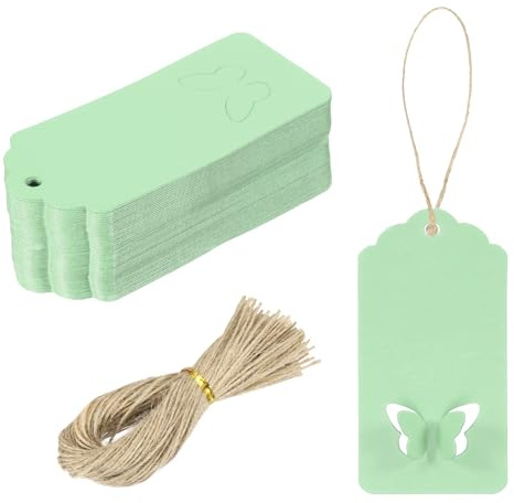 QUARKZMAN 100 Stück Kraftpapier Geschenkanhänger mit Schnur, 3,5 x 1,6 Zoll Hängeetiketten Wellenform Papieretiketten Hellgrüne Geschenkanhänger für Preisetiketten, Weihnachten, DIY Basteln